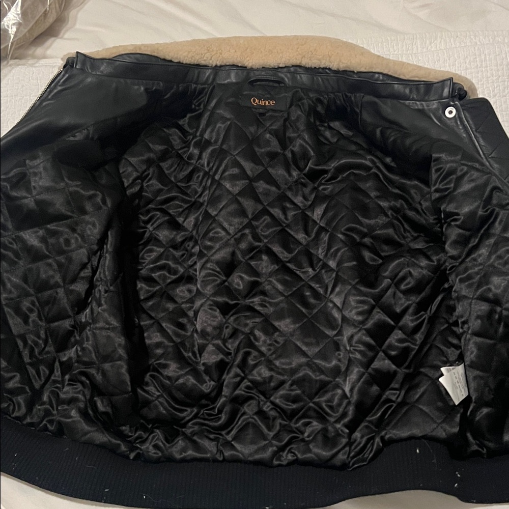 Quince Black 100% Leather Shearling Trim Aviator Jacket Bomber - Picture 8 of 12